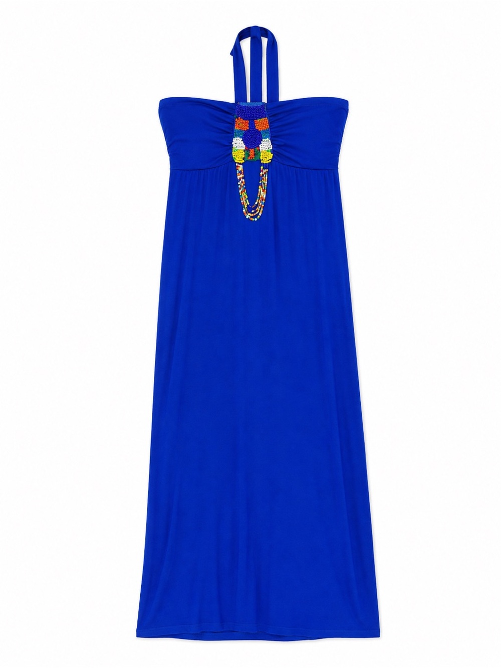 Red Paint Blue Strapless Halter Maxi Dress Beaded Statement Detail Size L